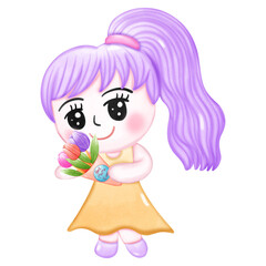 Single girl smile character design with flower bouquet illustration