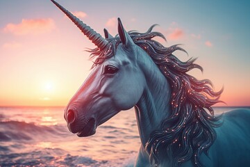 Majestic White Unicorn Horse on Beach Illuminated by Sunlight - AI Generative
