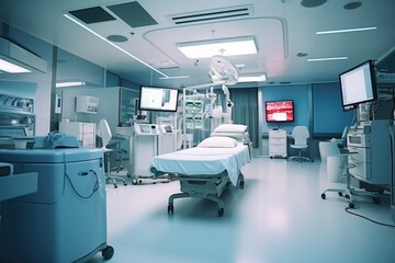 A wide - angle shot of a hospital room interior, focusing on the modern medical equipment and technology. Generative AI