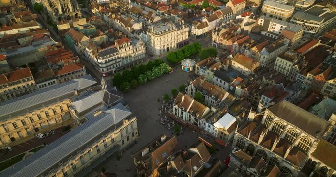 France, Troyes, Champagne Region. Aerial drone shot of the ancient and beautiful French city with beautiful architecture. Very old houses filmed from a drone. Roofs of houses in the French city