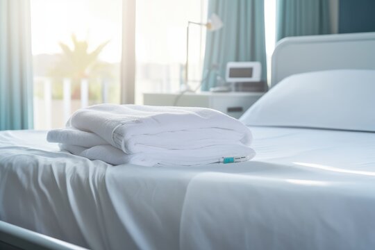 A close - up shot of a hospital bed with crisp, white bed sheets and neatly arranged medical equipment. Generative AI