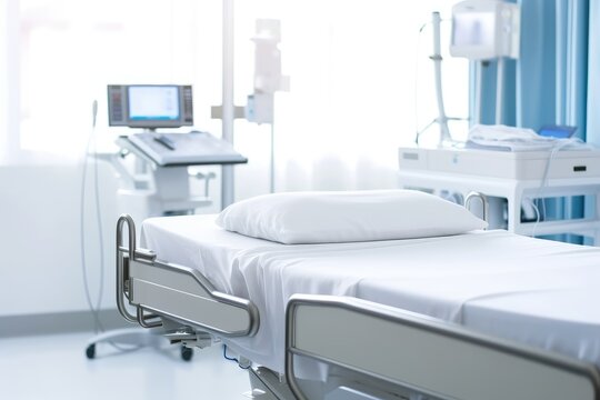 A Close - Up Shot Of A Hospital Bed With Crisp, White Bed Sheets And Neatly Arranged Medical Equipment. Generative AI