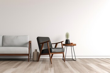 Modern Home Interior Design with a Mid-Century and Minimalist Feel: Leather Armchair, Table, White Wall, and Wood Floor, Generative AI