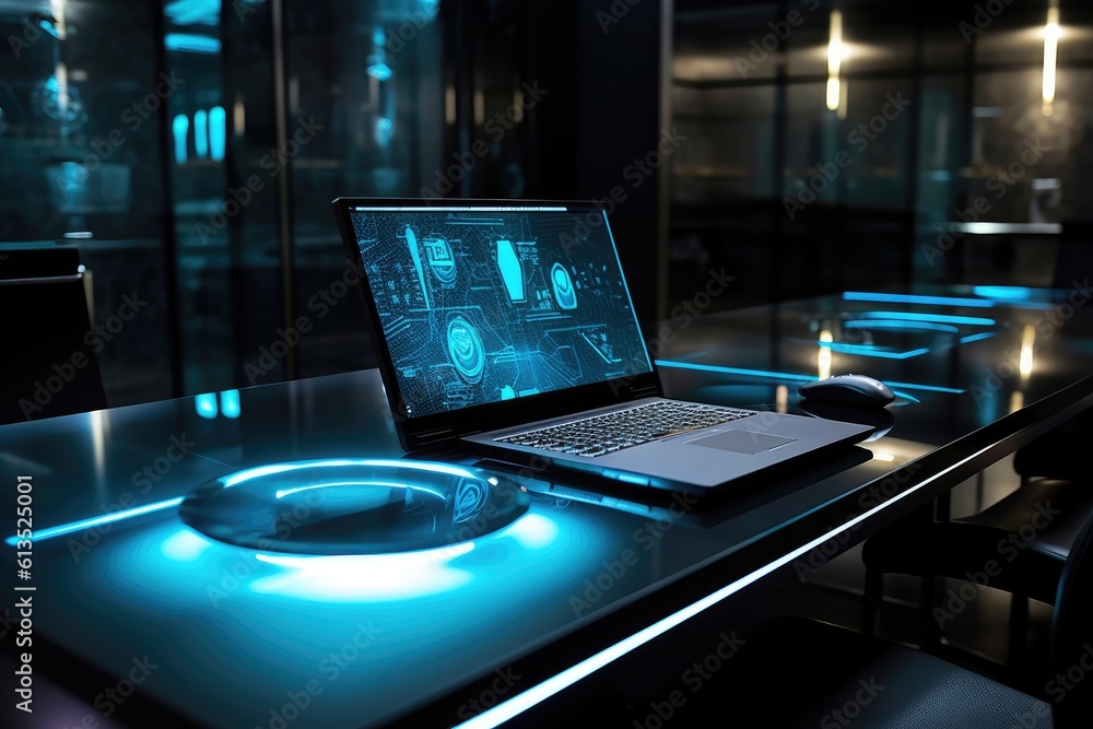 Aufkleber a close up of a sleek laptop with a futuristic display or a high tech conference room setup. generat