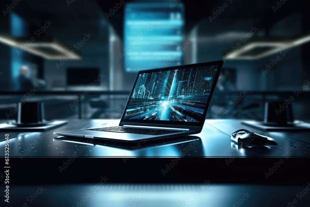 Poster a close up of a sleek laptop with a futuristic display or a high tech conference room setup. generat