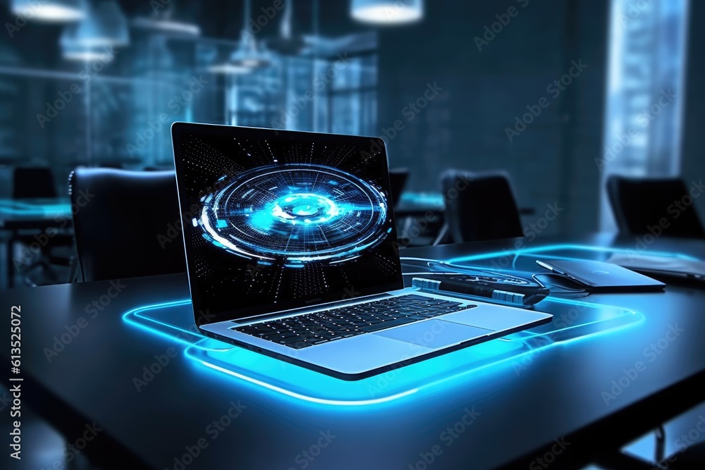Poster a close up of a sleek laptop with a futuristic display or a high tech conference room setup. generat