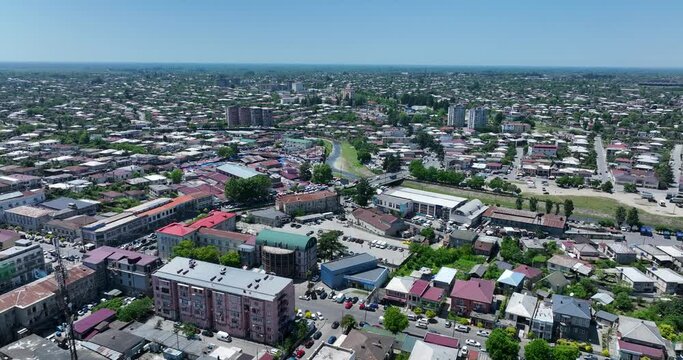 Flying over the center of Zugdidi city in Samegrelo. Georgia