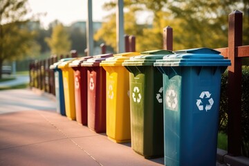A shot of a row of recycling bins in a well - maintained city park. Generative AI - obrazy, fototapety, plakaty