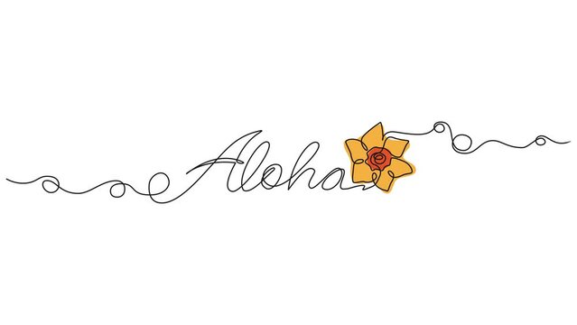 animated continuous single line drawing of word ALOHA with colorful flower, line art animation