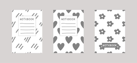 Trendy covers set in doodle, cartoon, cute hand drawn style elements. For notebooks, planners, brochures, books, catalogs, sketchbooks etc. Full vector illustartion.
