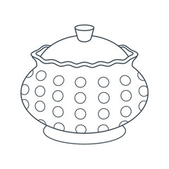 Dishes. Sugar bowl, bowl with polka dot lid. Line art.