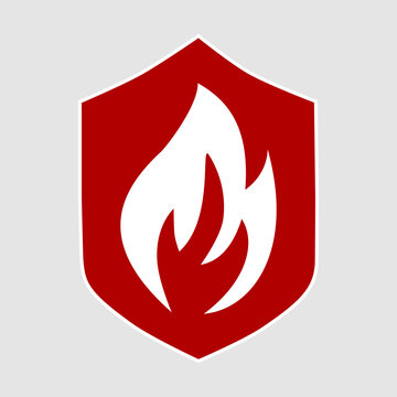 Fire protection icon in art style on gray background, red fire shield, vector illustration.