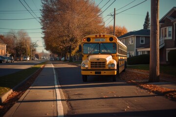 Obraz premium A wide - angle shot of a school bus stop sign with an empty sidewalk in the background. Generative AI