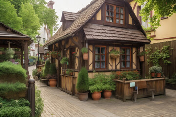 Facade of a wooden European building for a cafe or restaurant. Generative AI