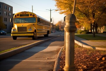 Obraz premium A wide - angle shot of a school bus stop sign with an empty sidewalk in the background. Generative AI