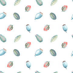 Seamless pattern of watercolor illustrations of poppy buds and poppy pods. Handmade work. Isolated.