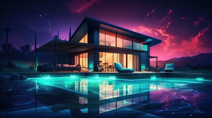 Lighting business for luxury backyard swimming pool. Generative Ai
