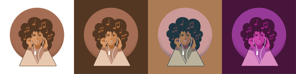 Woman listens to music. Headphones. Notes in the hair. vectors.