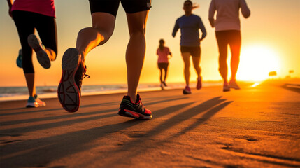 Multi-ethnic runners racing at beach.Multi-ethnic runners racing at beach Golden hour, Ultra realistic