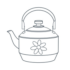 Dishes. A teapot with a flower. Line art.