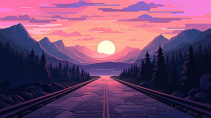 Aesthetic Lo-Fi highway between mountains. Purple color palette. Lovcore art. Illustration