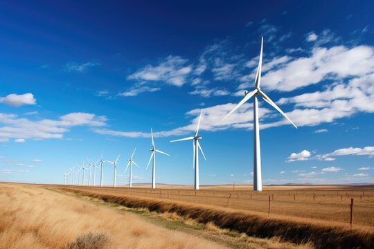 A wide - angle shot of a wind farm against a clear blue sky.  Generative AI