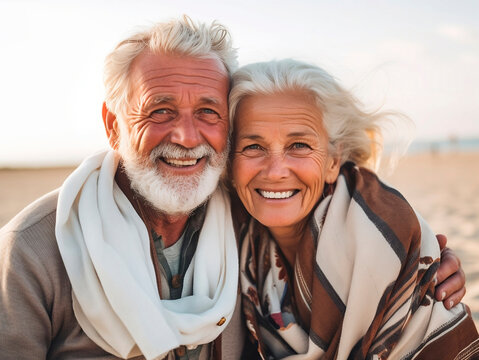 Happy senior couple relaxing by the sea on sunny day. AI generated