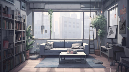 Fototapeta na wymiar Aesthetic Lo-Fi Living room. All-grey color palette. Lovcore art. Illustration