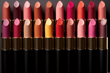 Obraz premium Still life shot of a collection of different lipstick shades arranged in a gradient pattern. Generative AI