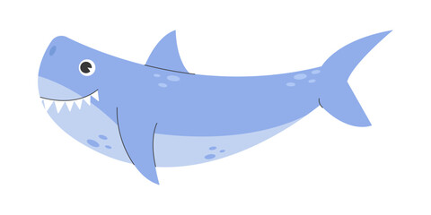 Ocean swimming shark. Cartoon cute shark creature, underwater marine blue shark predator flat vector illustration on white background. Cute cartoon undersea world. Deep Ocean or sea with shark. 