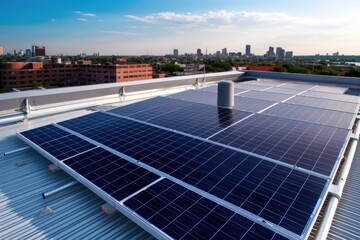 A shot of a solar panel installation on a rooftop. Generative AI