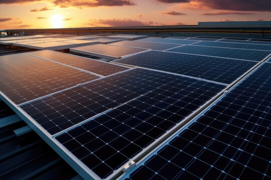 A shot of a solar panel installation on a rooftop. Generative AI
