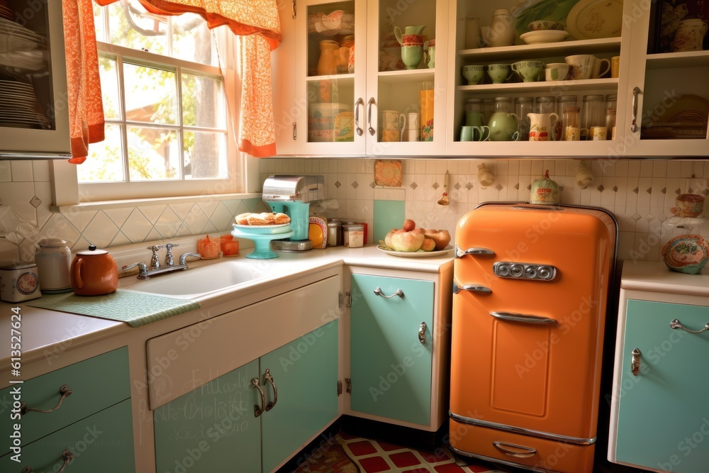 Wall mural A well - composed shot of a retro - style kitchen.Generative AI