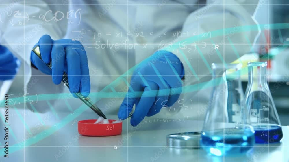 Aufkleber animation of data processing, dna structure on mid section of female scientist working at laboratory