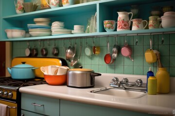 A well - composed shot of a retro - style kitchen.Generative AI