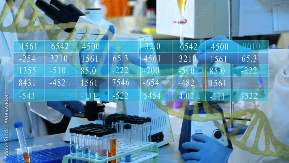 Poster animation of data processing against mid section of team of scientists working at laboratory