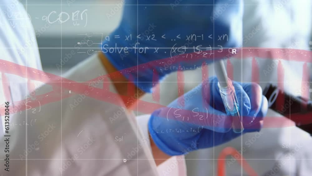 Aufkleber animation of data processing, dna structure on mid section of female scientist working at laboratory