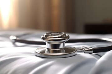 A close - up shot of a stethoscope and a clipboard with medical forms on a clean and sterile hospital table. Generative AI