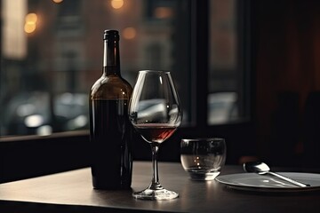 Restaurant background with two wine glasses and a wine bottle on table, copy space