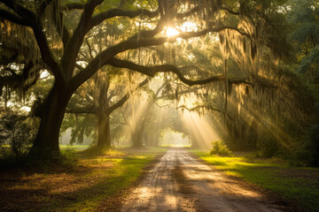 Obraz premium Sunbeams over a dirt path and under spanish moss