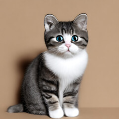 Cute kitten with blue eyes sitting on a beige background.