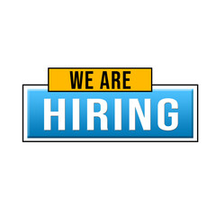 Hiring recruitment open vacancy design info label template. We are hiring join to team announcement lettering in speech bubble chat box vector illustration isolated on yellow background
