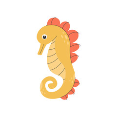Fototapeta premium Cute funny seahorse isolated on white background. Happy marine animal, sea world dweller, adorable underwater creature. Exotic fauna of tropical ocean. Flat cartoon childish vector illustration.