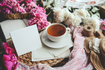 Cup of tea and postcard with place for your text, good morning concept
