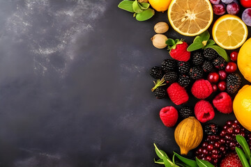 healthy superfoods on a dark surface on the side with a large copy space, top view of nuts, fruits, berries with space for text on a dark background, generative ai
