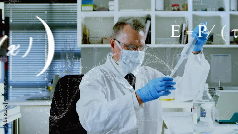Poster animation of data processing and dna structure over caucasian male scientist working at laboratory