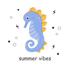 Poster with a cute purple seahorse on a white background with doodle elements. Colorful sticker illustration with for kids. Cute cartoon undersea world. Flat vector stock illustration.
