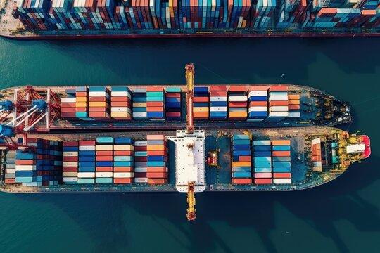 Aerial shot of a cargo ship docked at a port, with containers being loaded or unloaded.  Generative AI