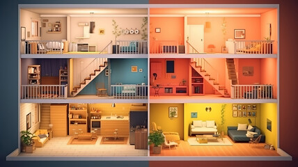 1 and 2 floor of furnished house apartment loft, Bright color. Generative Ai