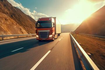 Low - angle shot of a cargo truck driving on a highway, capturing the power and scale of the vehicle. Generative AI